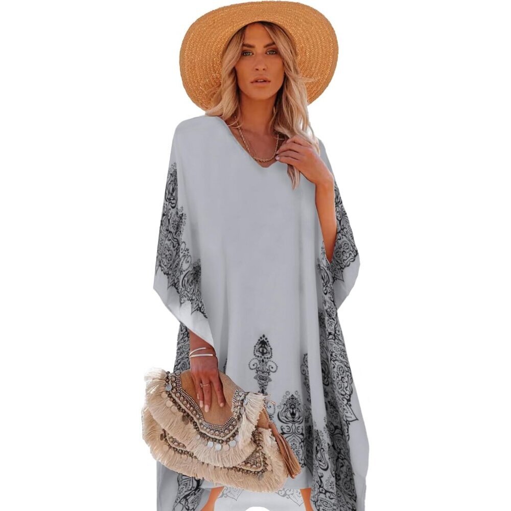 Women's Grey 100% Viscose Kaftan for Bathing Swimsuit Floral Pattern Beach Dress
